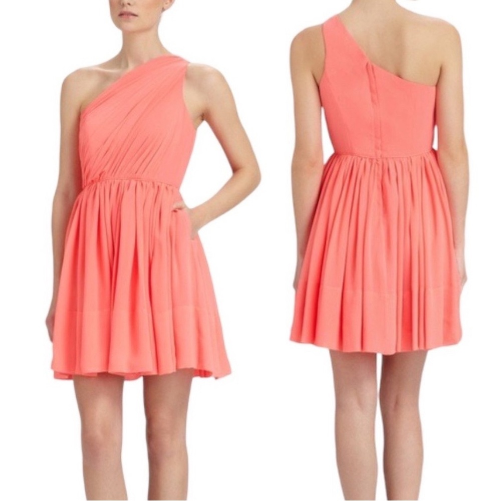 NWT Shoshanna Rayna Coral Neon Pink One Shoulder 100% Silk Pockets Mini Dress 2